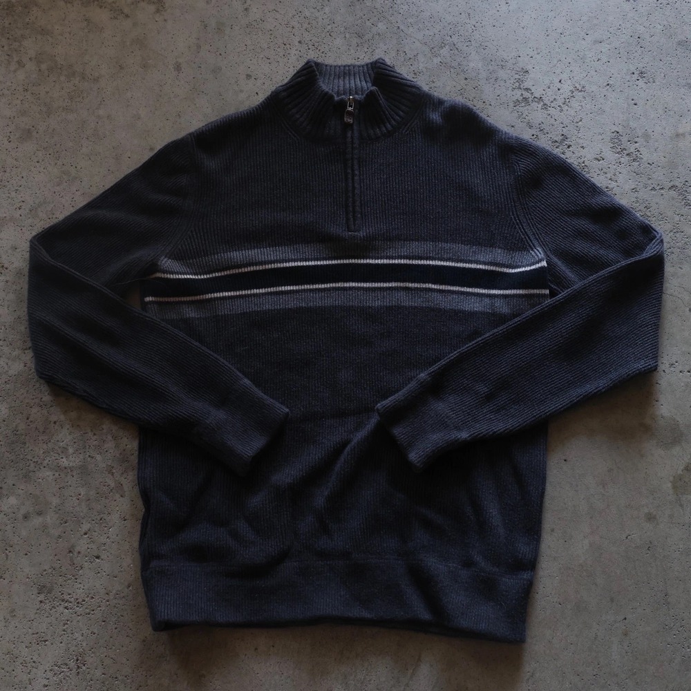 Eddie Bauer Quarter Zip Sweater Men's Size Large Tall Navy Ribbed Knit